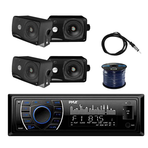 PYLE PLRMR27BTB Marine Bluetooth Receiver Stereo(Black) w/Pyle 3.5" 200W 3-Way Weather Proof Mini Box Speakers(2-Pairs), Enrock Marine Antenna & Enrock Marine 50' 16G Speaker Wire