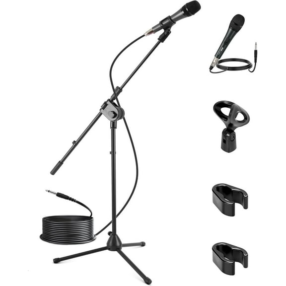PYLE PMKSM20 - Dynamic Microphone and Tripod Mic Stand, Height Adjustable, Extending Boom, Includes 15' ft. XLR Cable