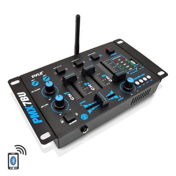 PYLE PMX7BU.5 - Bluetooth 3-Channel DJ MP3 Mixer, Mic-Talkover, USB Flash Reader, Dual RCA & Microphone Inputs, Headphone Jack