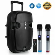 PYLE PPHP1299WU - Portable Hi-Power Bluetooth PA Loudspeaker - Active Powered Speaker System with Built-in Rechargeable Battery, Includes (2) UHF Wireless Microphones, FM Radio (12'' -inch Subwoofer,