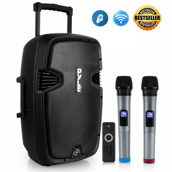 PYLE PPHP1299WU - Portable Hi-Power Bluetooth PA Loudspeaker - Active Powered Speaker System with Built-in Rechargeable Battery, Includes (2) UHF Wireless Microphones, FM Radio (12'' -inch Subwoofer,