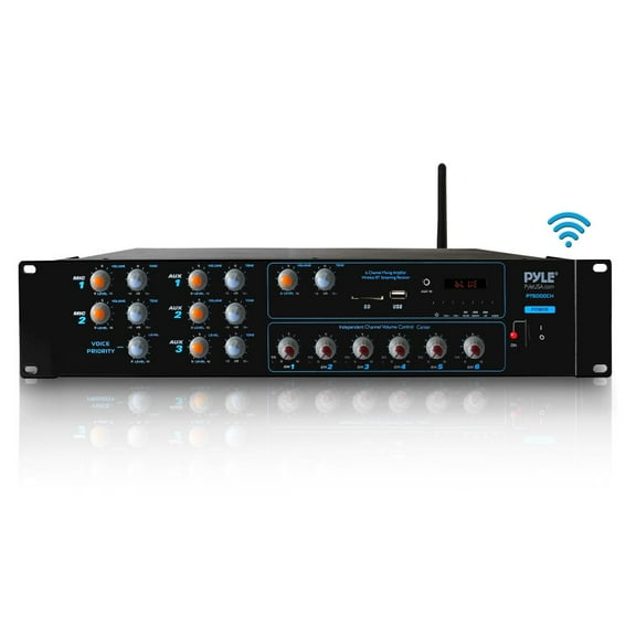PYLE PT6000CH - 6-Ch. Powered Bluetooth Amplifier Receiver | Multi-Zone Audio & Microphone Control System with FM Radio, Mic Talkover Function, 4200 Watt