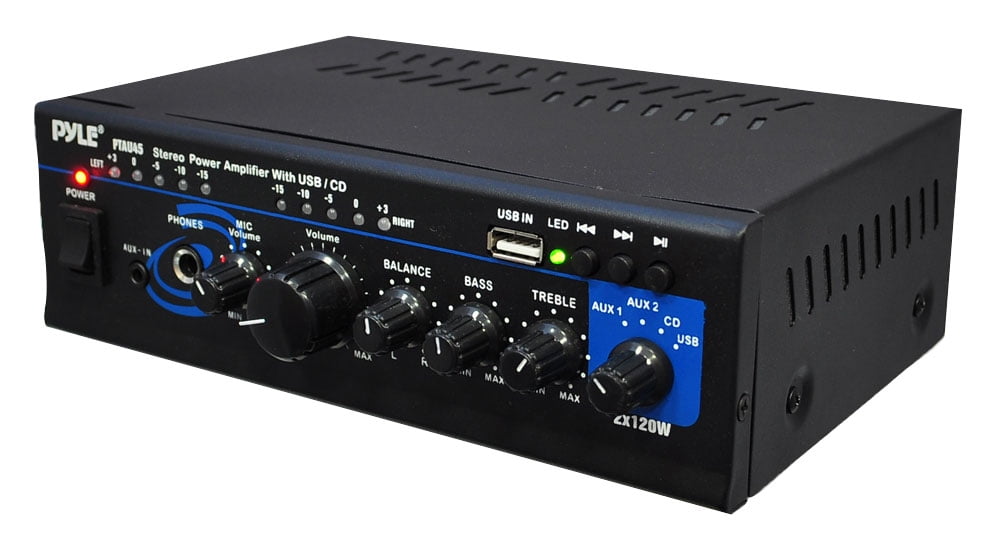 PYLE PTAU45.5 - Stereo Power Amplifier - Compact Audio Amp with Microphone Input, MP3/USB Reader (2 x 120 Watt)