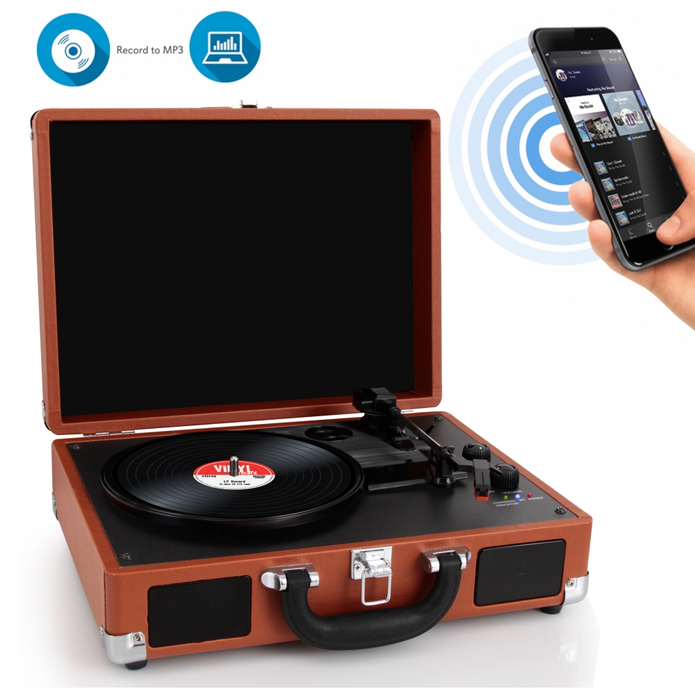 PYLE PVTTBT6BR - Portable Vintage Classic-Style Bluetooth Turntable System with Vinyl-to-MP3 Recording, Built-in Speakers & Rechargeable Battery - image 1 of 4