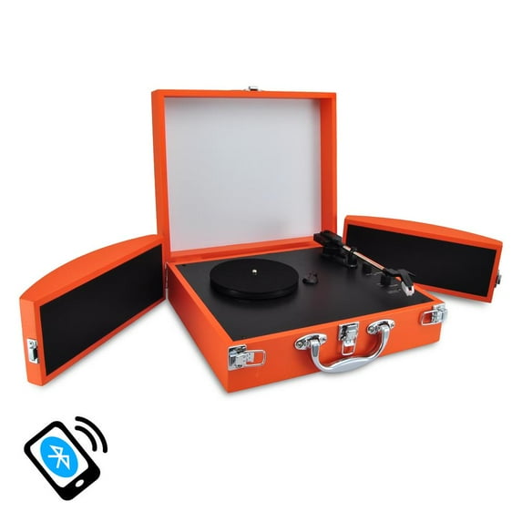 PYLE PVTTBT8OR - Bluetooth Classic Vinyl Record Player Turntable with Vinyl to MP3 Recording, Aux Input, RCA Output, Built-in Rechargeable Battery & Fold-Out Speakers