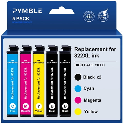 PYMBLE 822XL Ink Cartridges compatible for Epson 822 Ink Cartridges for Workforce Pro WF-3820 WF-4820 WF-4833 WF-4834 WF-4830(5-Pack, Black Cyan Magenta Yellow)