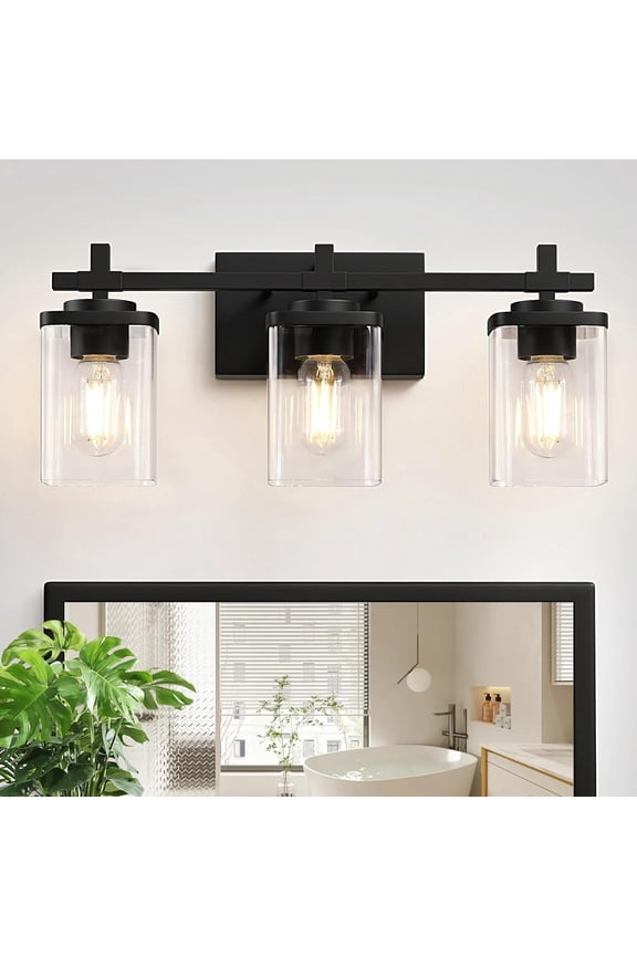 24" 3-Light Matte Black Bathroom Light Fixtures with Clear Glass Shape Wall Sconces Lighting