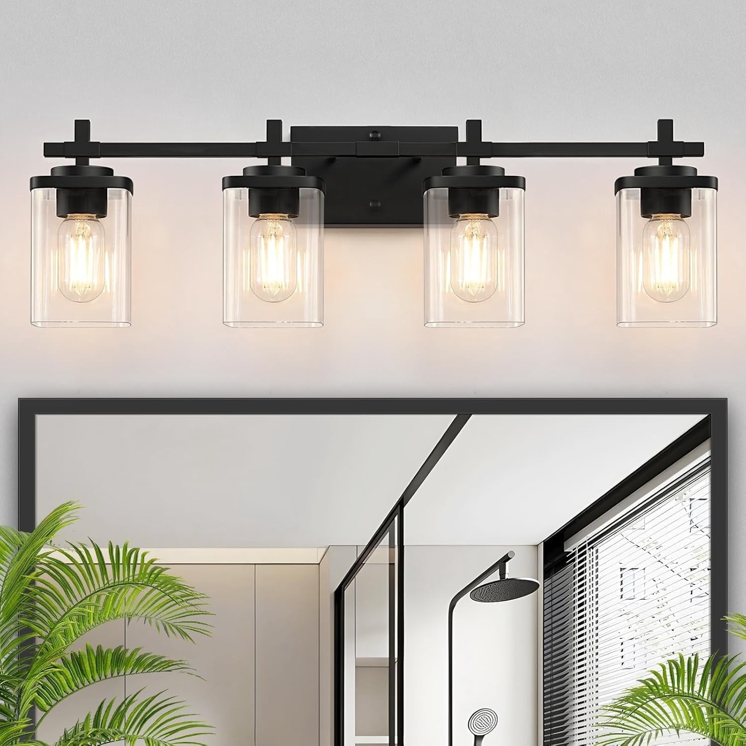 PYNSSEU 30" 4-Light Matte Black Bathroom Light Fixtures with Clear Glass Shade Vanity Lights over Mirror for Mirror Living Room Hallway Cabinet,Not Bulbs Included