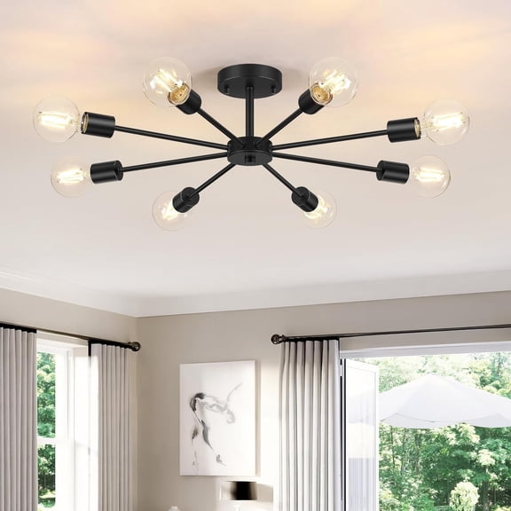 PYNSSEU 8-Light Black Flush Mount Ceiling Light Fixture Sputnik Chandelier for Bedroom Kitchen Dining Room