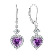 PYNZY 925 Sterling Silver Earrings with 7x7MM Heart Created Amethyst Birthstones, Dangle Drop Earrings with Leverback for Women Jewelry Gifts