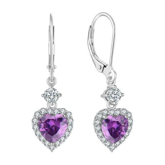 PYNZY 925 Sterling Silver Earrings with 7x7MM Heart Created Amethyst Birthstones, Dangle Drop Earrings with Leverback for Women Jewelry Gifts