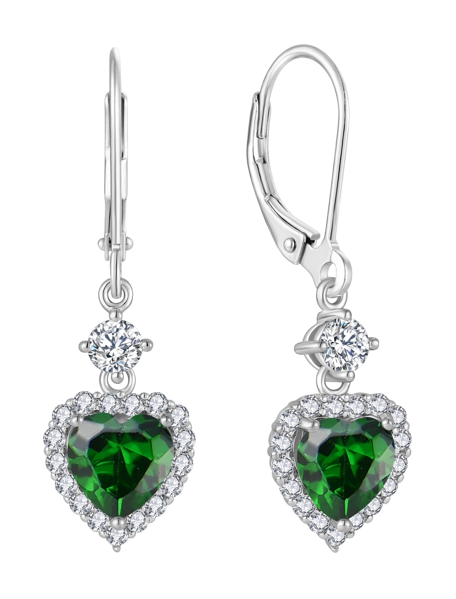 PYNZY 925 Sterling Silver Earrings with 7x7MM Heart Created Emerald Birthstones, Dangle Drop Earrings with Leverback for Women Jewelry Gifts