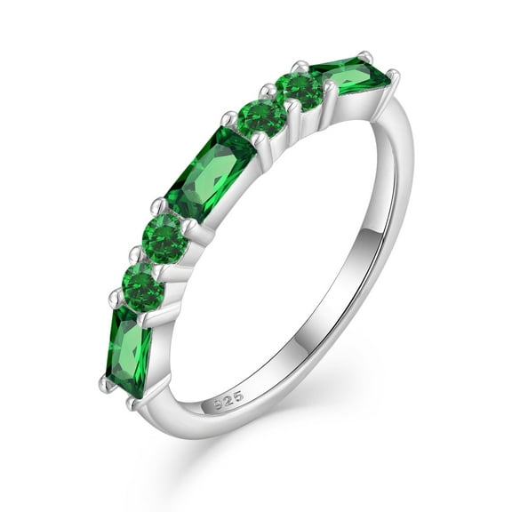 PYNZY 925 Sterling Silver Stackable Rings for Women, Square Round Emerald Birthstone Eternity Wedding Rings for Women Jewelry Mother Day Gift Size 8