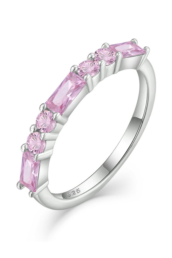 925 Sterling Silver Stackable Rings for Women, Square Round Pink Tourmaline Birthstone Eternity Wedding Rings Jewelry Gift Size 5