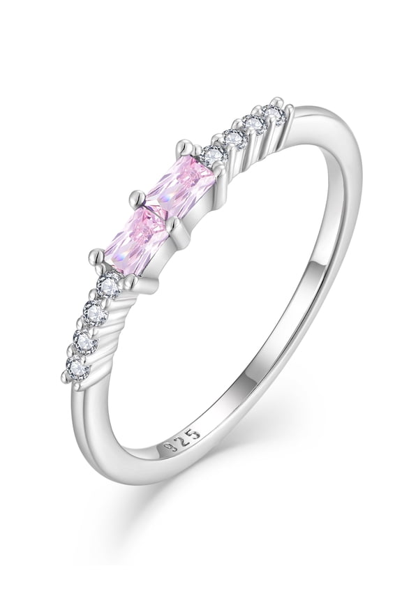 925 Sterling Silver Statement Stackable Rings for Women, Square Created Pink Tourmaline Birthstone Wedding Engagement Rings for Women Jewelry Gift Size 9