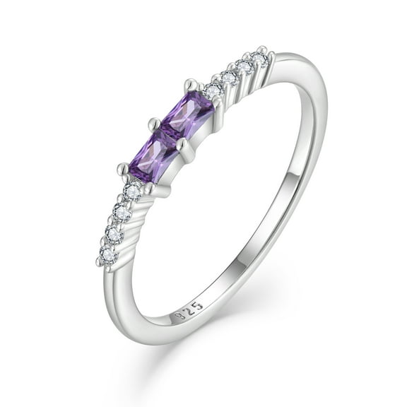 PYNZY 925 Sterling Silver Statement Stackable Rings for Women, Square Created Amethyst Birthstone Wedding Engagement Rings for Women Jewelry Gift Size 8