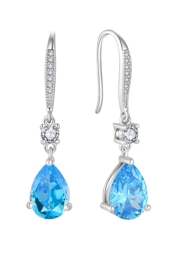 925 Sterling Silver Teardrop Dangle Earrings with 7x10MM Created Aquamarine Birthstones, Wedding Cubic Zirconia Hook Earrings for Women Christmas Jewelry Gifts