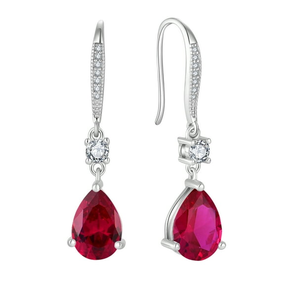 PYNZY 925 Sterling Silver Teardrop Dangle Earrings with 7x10MM Created Ruby Birthstones, Wedding Cubic Zirconia Hook Earrings for Women Christmas Jewelry Gifts