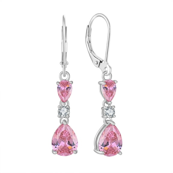 PYNZY 925 Sterling Silver Teardrop Earrings with 7x9MM Created Pink Tourmaline Birthstones, Dangle Earrings with Leverback for Women Jewelry Gifts