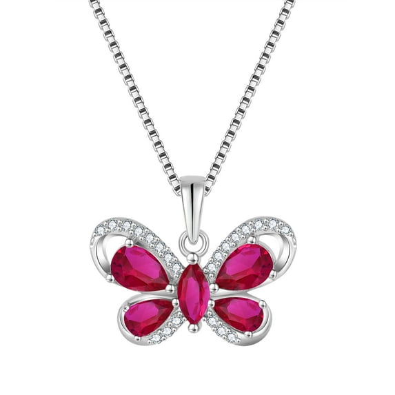 PYNZY Butterfly Necklace for Women 925 Sterling Silver July Ruby Birthstone Butterfly Pendant Jewelry
