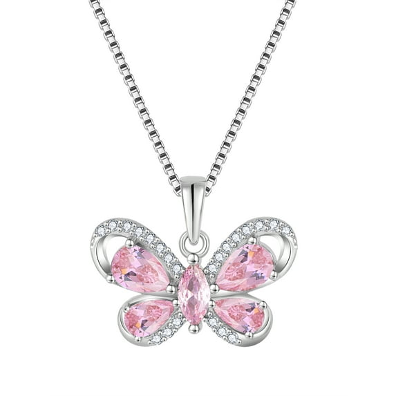 PYNZY Butterfly Necklace for Women 925 Sterling Silver October Pink Tourmaline Birthstone Butterfly Pendant Jewelry