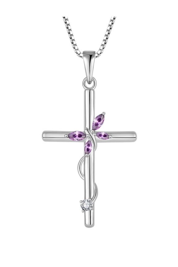 Cross Butterfly Pendant for Women, 925 Sterling Silver Necklace with Created Amethyst Birthstone Jewelry Gifts for Women