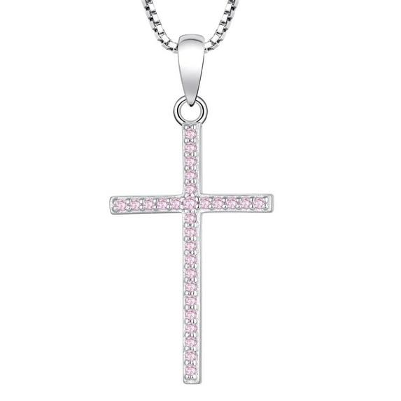 PYNZY Cross Necklace for Women 925 Sterling Silver Halo Cross Pendant Created Pink Tourmaline Birthstone Religious Jewelry Gift