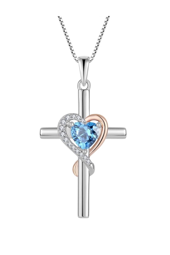 Cross Necklace for Women, 925 Sterling Silver Heart Pendant Necklace 6×6MM Created Aquamarine Birthstone Jewelry Gifts for Women