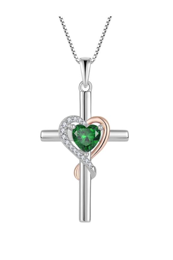 Cross Necklace for Women, 925 Sterling Silver Heart Pendant Necklace 6×6MM Created Emerald Birthstone Jewelry Gifts for Women