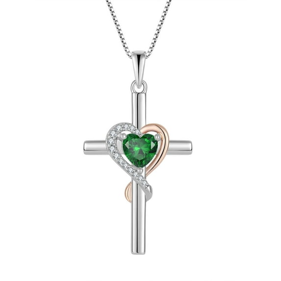 PYNZY Cross Necklace for Women, 925 Sterling Silver Heart Pendant Necklace 6×6MM Created Emerald Birthstone Jewelry Gifts for Women