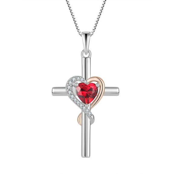 PYNZY Cross Necklace for Women, 925 Sterling Silver Heart Pendant Necklace 6×6MM Created Ruby Birthstone Jewelry Gifts for Women