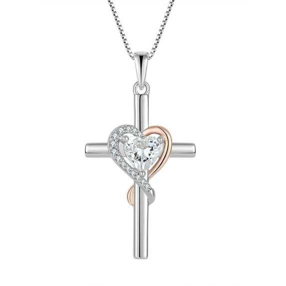 PYNZY Cross Necklace for Women, 925 Sterling Silver Heart Pendant Necklace 6×6MM Cubic Zirconia Birthstone Jewelry Gifts for Women