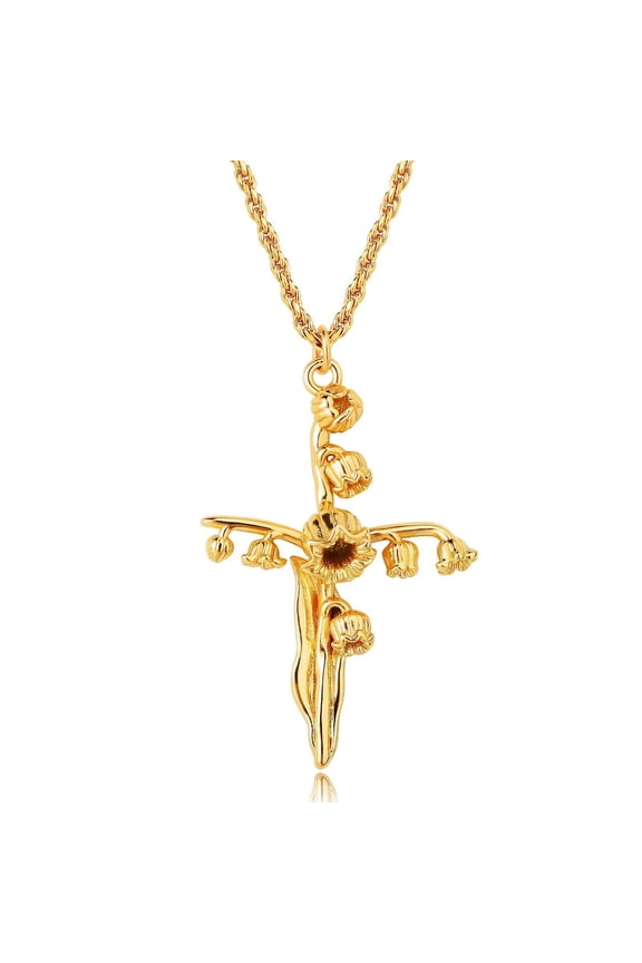 Cross Pendant Necklace for Women Daffodils May Birth Flower Necklace with 18K Gold Plated Jewelry Gift