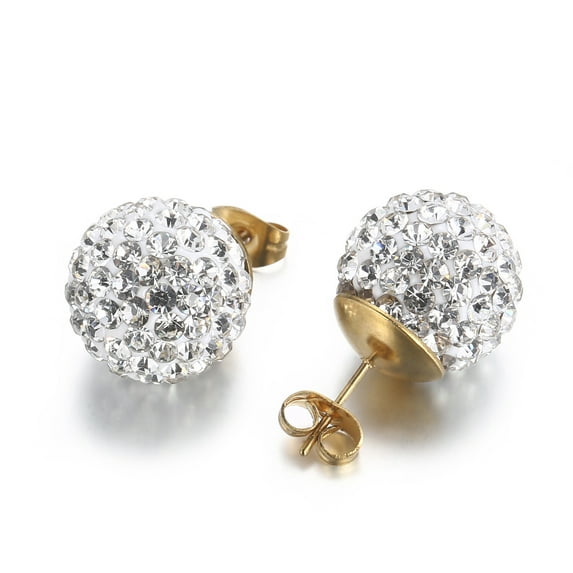 PYNZY Crystal Ball Earrings Stud 14K Yellow Gold Plated Bling Unisex Dainty Studs Jewelry 10MM