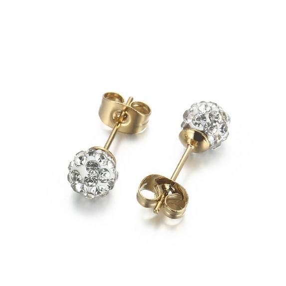 PYNZY Crystal Ball Earrings Stud 14K Yellow Gold Plated Bling Unisex Dainty Studs Jewelry 6MM