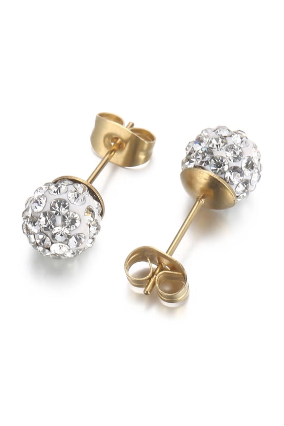 Crystal Ball Earrings Stud 14K Yellow Gold Plated Bling Unisex Dainty Studs Jewelry 8MM