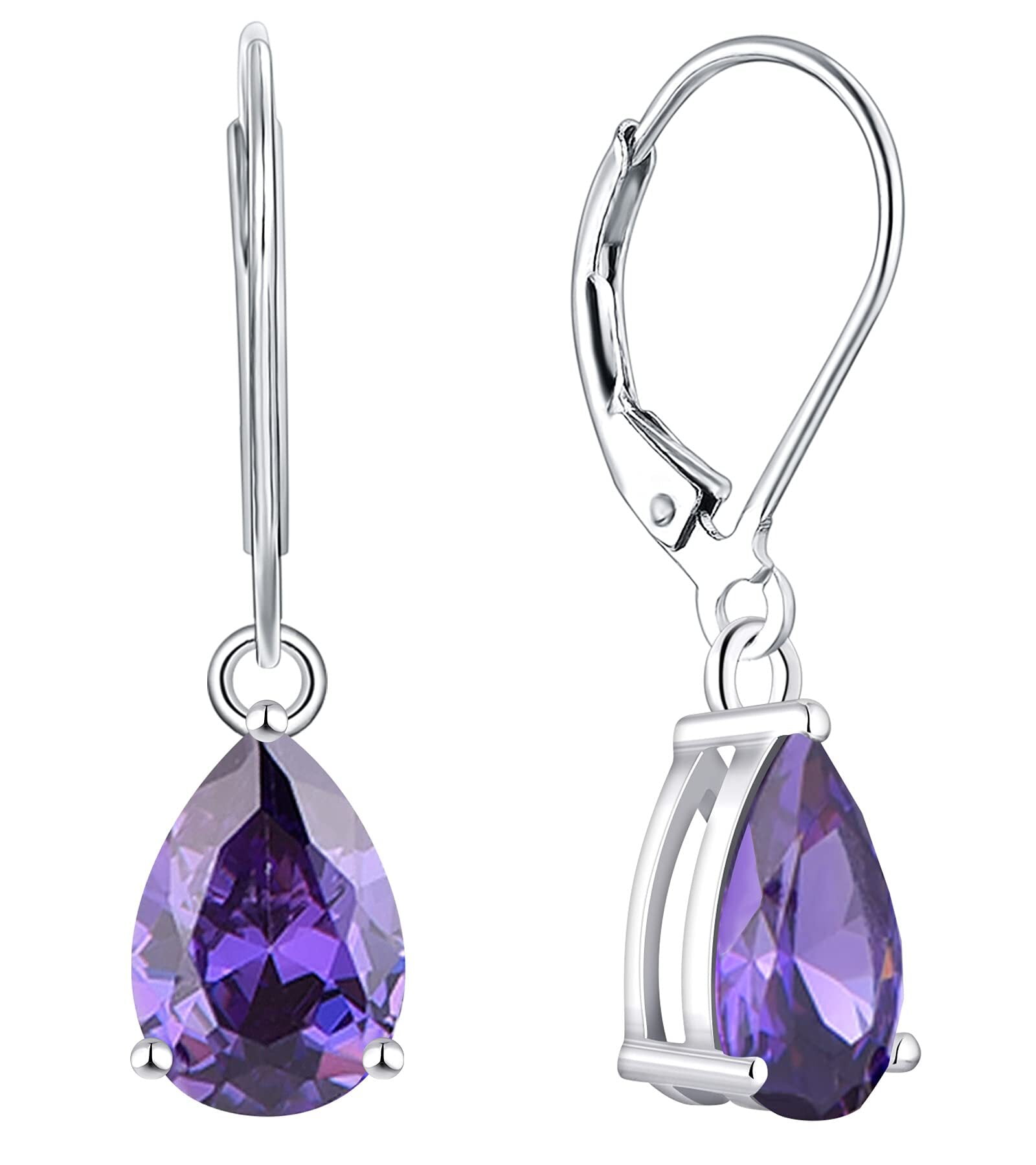 PYNZY Dangle Drop Earrings Sterling Silver Solitaire Leverback Teardrop Earrings for Women Birthstone Created Amethyst Jewelry Gifts for Moms
