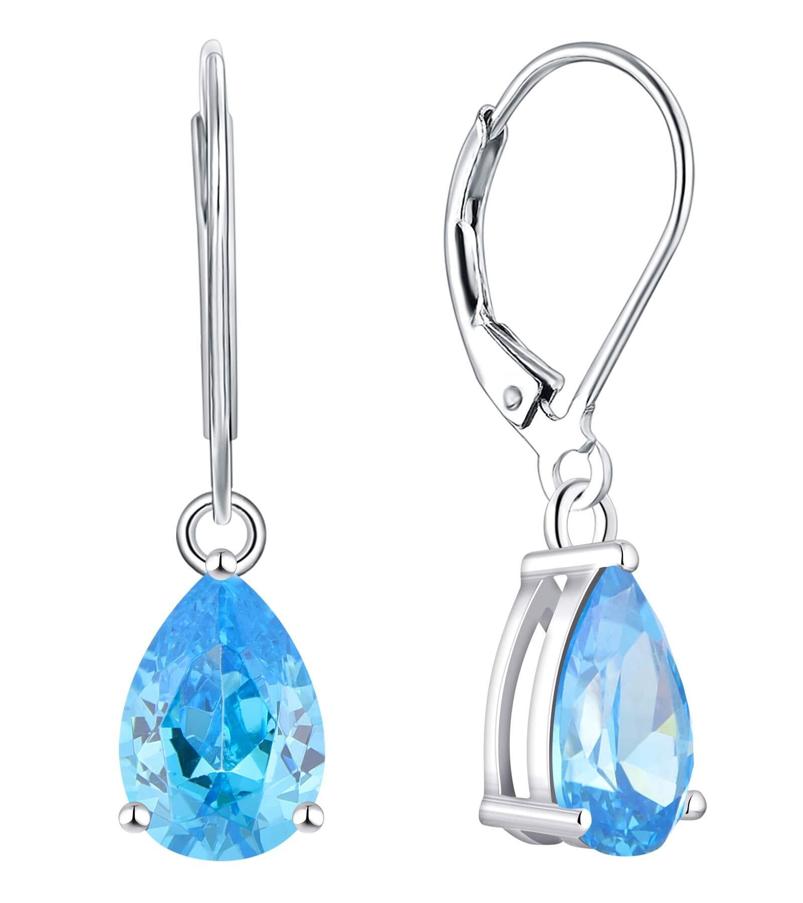 PYNZY Dangle Drop Earrings Sterling Silver Solitaire Leverback Teardrop Earrings for Women Birthstone Created Aquamarine Jewelry Gifts for Moms