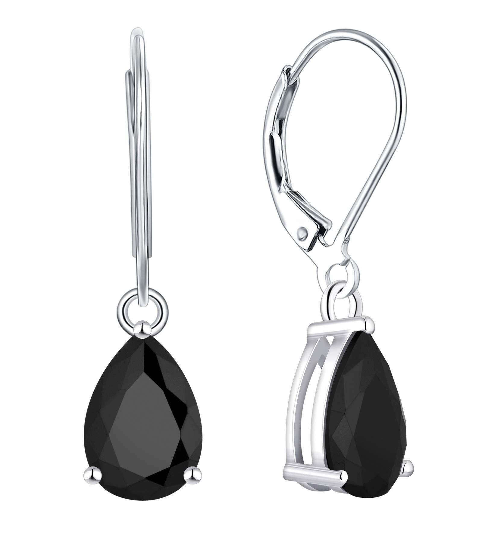 PYNZY Dangle Drop Earrings Sterling Silver Solitaire Leverback Teardrop Earrings for Women Black Cubic Zirconia Jewelry Gifts for Moms