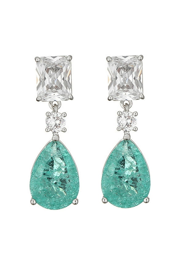 Dangle Drop Earrings for Women Green Cubic Zirconia Jewelry with Teardrop Paraiba Plated White Gold