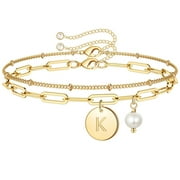 PYNZY Double-layer Alphabet Bracelet for Women, 14K Gold-plated Initials Bracelet with Pearls Jewelry,A-Z Letter Initials Bracelet as Gift