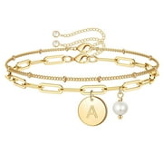 PYNZY Double-layer Initials Bracelet for Women, 14K Gold-plated Initials Bracelet with Pearls Jewelry,A-Z Letter Initials Bracelet as Gift