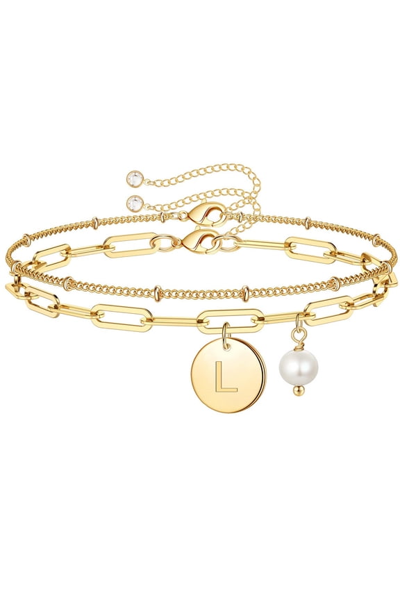 Double-layer Initials Bracelet for Women, 14K Gold-plated Initials Bracelet with Pearls Jewelry,A-Z Letter Initials Bracelet as Gift
