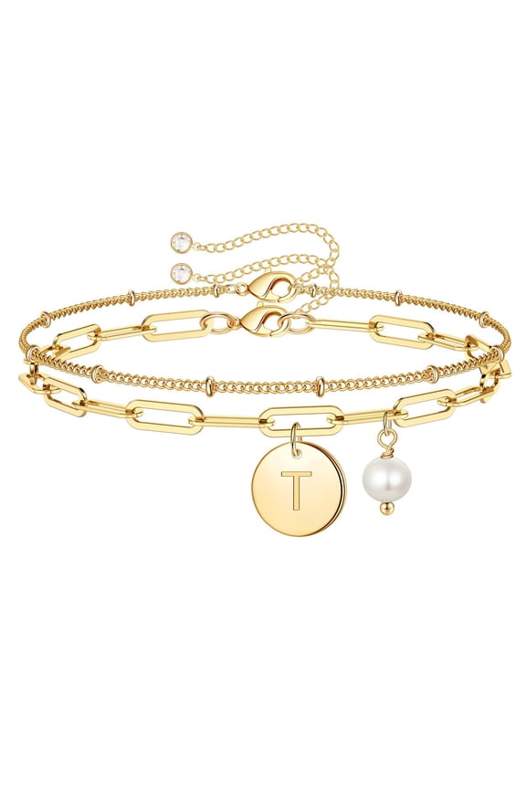 Double-layer Initials Bracelet for Women, 14K Gold-plated Initials Bracelet with Pearls Jewelry,A-Z Letter Initials Bracelet as Gift