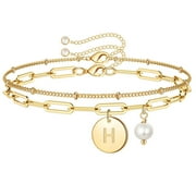 PYNZY Double-layer Initials Bracelet for Women, 14K Gold-plated Initials Bracelet with Pearls Jewelry,A-Z Letter Initials Bracelet as Gift