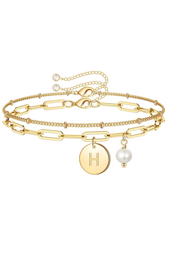 Double-layer Initials Bracelet for Women, 14K Gold-plated Initials Bracelet with Pearls Jewelry,A-Z Letter Initials Bracelet as Gift