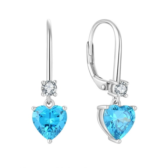 PYNZY Heart Dangle Drop Earrings, 925 Sterling Silver Earrings for Women with Aquamarine Birthstones Leverback Jewelry for Gifts