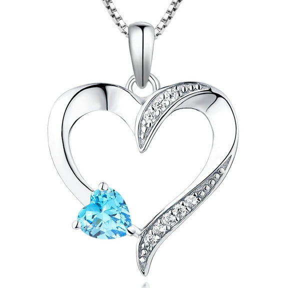PYNZY Heart Necklace 925 Sterling Silver Love Heart Pendant with 5MMx5MM Heart Blue Aquamarine Birthstone Jewelry for Women Wife as Gift