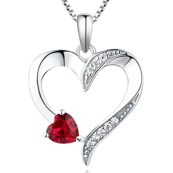 PYNZY Heart Necklace 925 Sterling Silver Love Heart Pendant with 5MMx5MM Heart Red Ruby Birthstone Jewelry for Women Wife as Gift