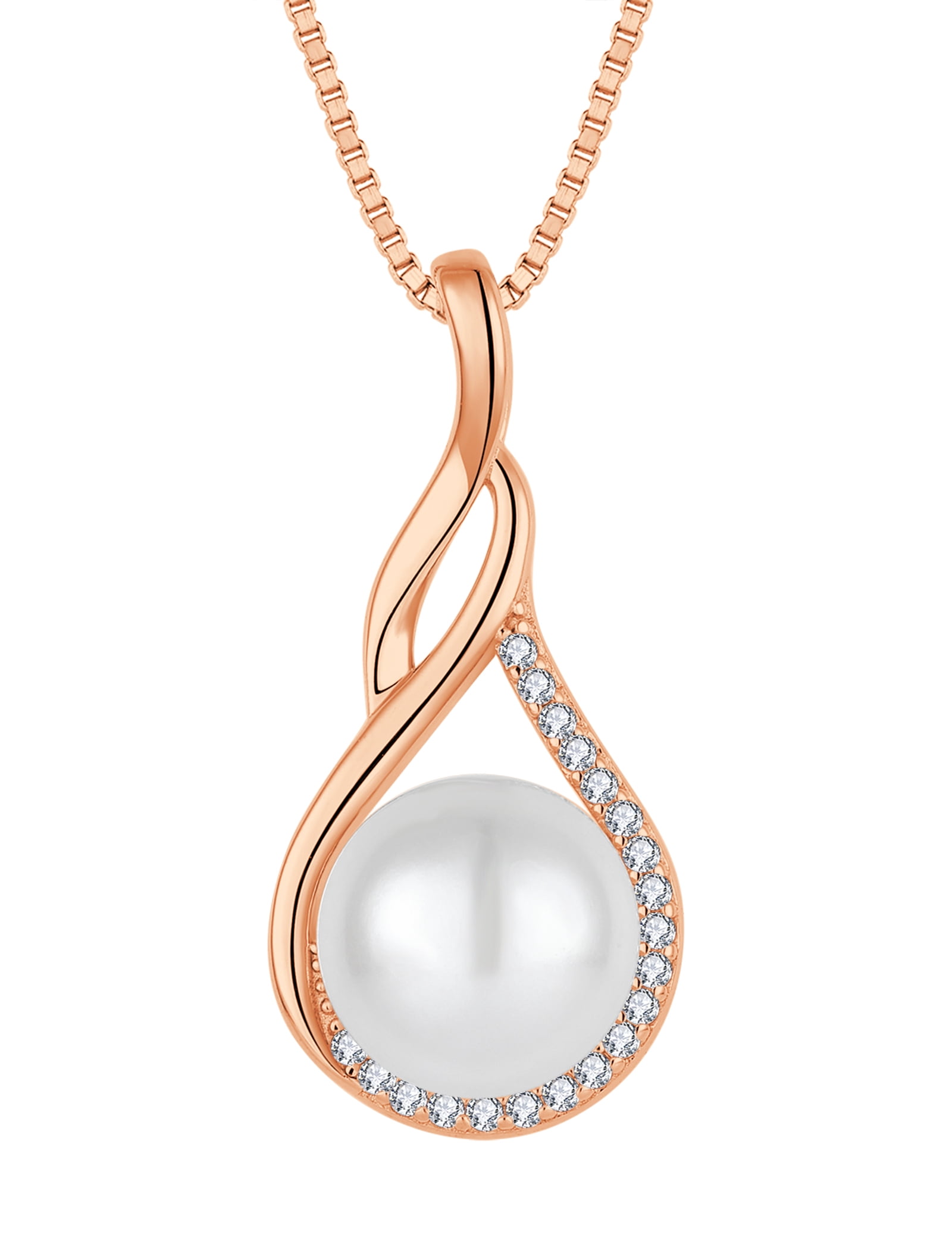 PYNZY Infinity Pearl Necklace for Women, 925 Sterling Silver 18K Rose Gold Plated CZ Pearl Pendant Necklace 9MM Freshwater Cultured Pearl Jewelry Gift